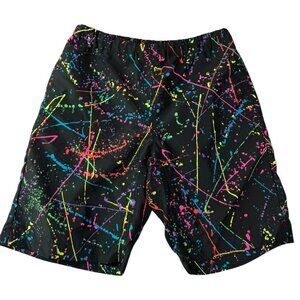 KAVU Big Eddy Swim Trunks Black Retro Neon Paint Splatter Men's Small